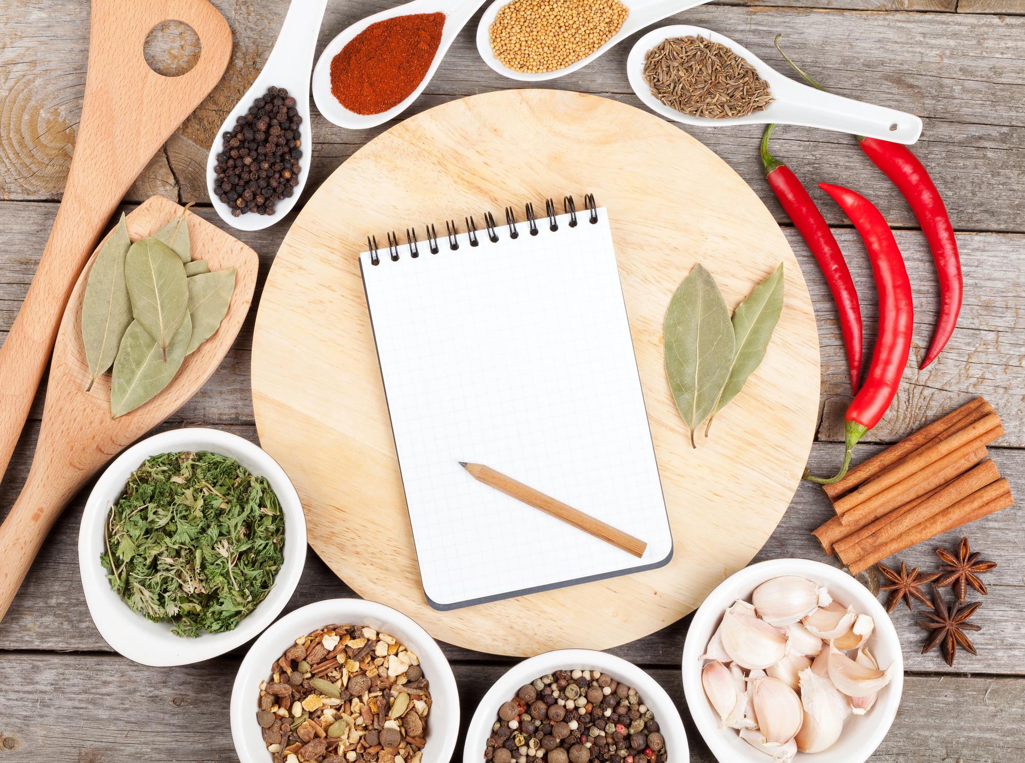 Large editorial shot of workshop table with spices and notes
