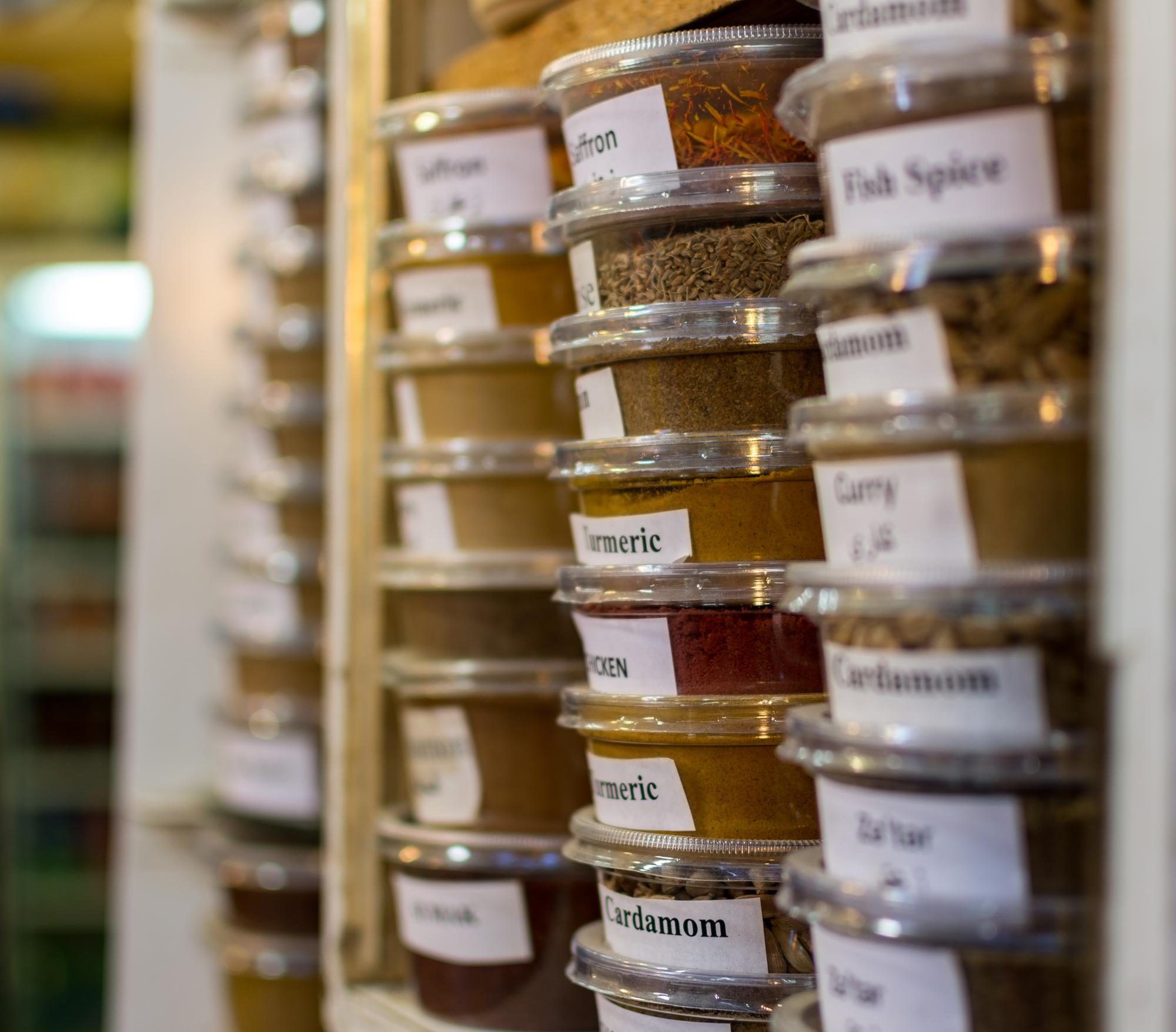 Close up of labeled meal packages on shelf